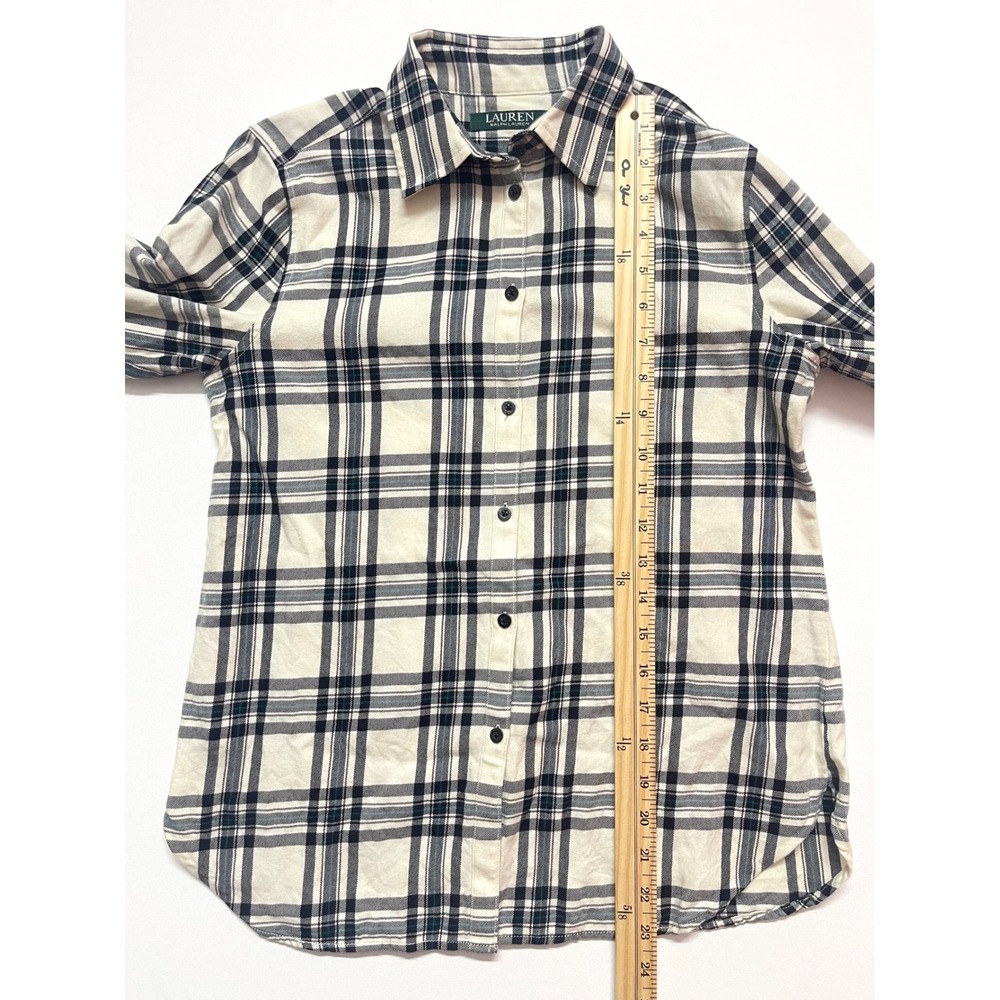 Lauren Ralph Lauren Womens Petite XS Plaid Cotton Button Down Shirt Cream Navy - Picture 10 of 13
